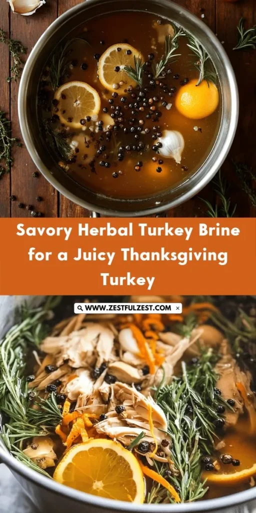 Discover the secret to a perfectly juicy and flavorful turkey with our Savory Herbal Turkey Brine! This simple brining technique enhances moisture and flavor, making your Thanksgiving feast unforgettable. With a delightful blend of herbs, spices, and citrus, your turkey will be the star of the table. Follow our step-by-step guide to elevate your holiday cooking this year. Get ready to impress your guests! #TurkeyBrine #ThanksgivingRecipes #CookingTips #HolidayFeast #Brining #SavoryHerbs #ThanksgivingDinner