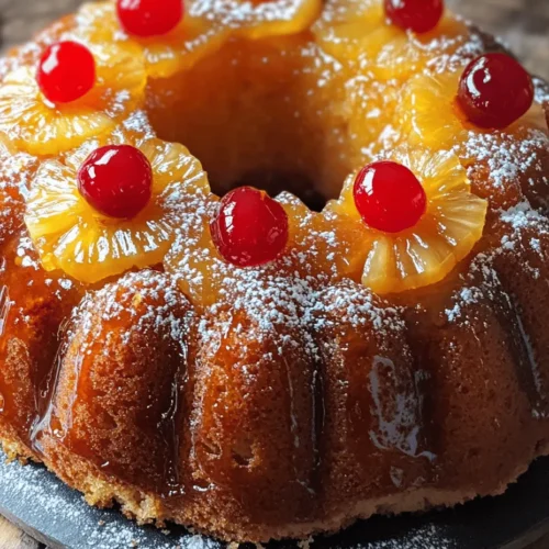 Imagine the warm sun kissing your skin, the sound of waves gently lapping against the shore, and the sweet scent of tropical fruits wafting through the air. This is the essence captured in the Tropical Bliss Pineapple Upside Down Bundt Cake, a dessert that masterfully combines the vibrant flavors of pineapples and cherries with the moist, rich texture of banana cake. Not only does this cake serve as a feast for the taste buds, but it also dazzles the eyes with its stunning presentation, making it a perfect centerpiece for any gathering.