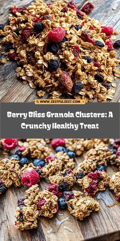 Indulge in the deliciousness of homemade Berry Bliss Granola Crunch Clusters! Packed with rolled oats, mixed nuts, sunflower seeds, and a burst of freeze-dried berries, this healthy snack is perfect for breakfast or a midday munch. Customize it with your favorite sweeteners like honey or maple syrup for a guilt-free treat. Easy to make and full of flavor, it's a nutritious way to satisfy your cravings. Try it today! #Granola #HealthySnacks #HomemadeGoodness #BerryBliss #MealPrep #BreakfastIdeas #SnackTime