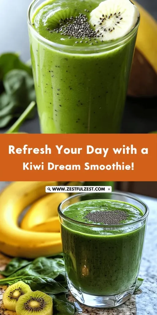 Discover the vibrant and nutritious Kiwi Dream Smoothie, perfect for health enthusiasts and busy lifestyles! Packed with tangy kiwi, creamy Greek yogurt, and hydrating coconut water, this smoothie is a delicious way to boost your health. Enjoy its refreshing flavors as a breakfast option or post-workout treat. With its enticing green hue and easy preparation, it's a must-try for anyone looking to enhance their smoothie game! #KiwiDreamSmoothie #HealthyLiving #SmoothieRecipe #Wellness #Nutrition #HealthySnacks