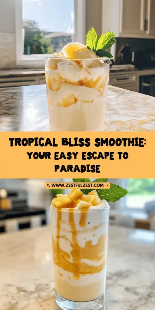 Experience the tropical escape of our Tropical Bliss Smoothie! This refreshing drink combines bananas, pineapples, and creamy coconut milk for a burst of flavor and health benefits. Perfect as a breakfast or snack, it’s both delicious and nutritious. With various customization options, you can tailor it to your taste, whether you prefer a vegan version or a protein boost. Discover easy steps to create this tropical delight today! #TropicalSmoothie #HealthyDrink #SmoothieRecipe #Nutrition #BreakfastIdeas #VeganSmoothie #HealthyLiving