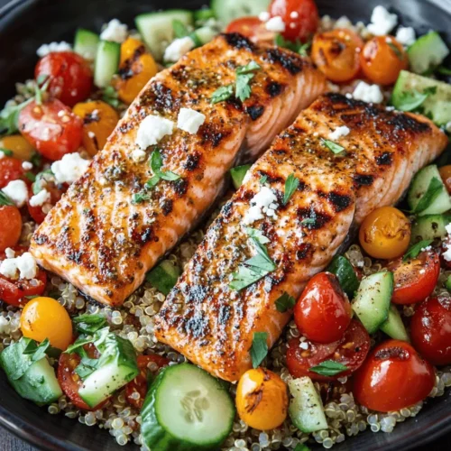In the world of culinary delights, few dishes can match the allure of Sizzling Grilled Salmon paired with a vibrant Quinoa Salad. This dish not only tantalizes your taste buds with its rich flavors and textures but also offers a nutritional powerhouse that fuels your body and satisfies your cravings. Imagine succulent salmon, perfectly grilled to achieve a crisp exterior while maintaining its tender and flaky interior, complemented by a refreshing quinoa salad brimming with fresh vegetables. This combination not only makes for an eye-catching meal but also embodies the essence of healthy eating.