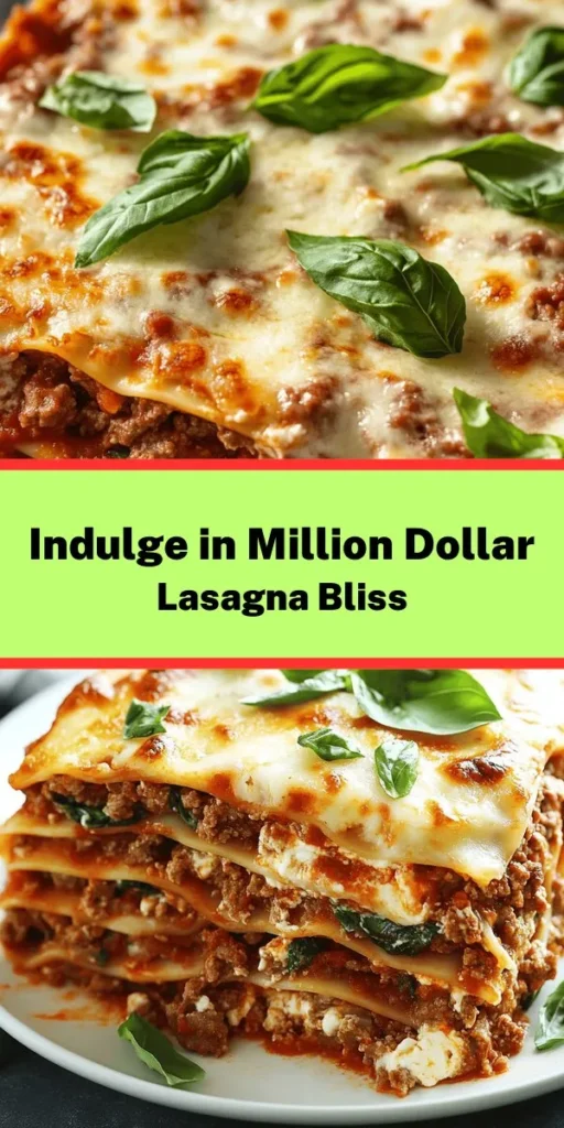 Discover the culinary delight of Million Dollar Lasagna, an indulgent twist on a classic Italian dish that will impress at any gathering. This luxurious lasagna features creamy layers, a hearty meat sauce, and a cheesy top that makes every bite a celebration of flavors. Perfect for family dinners or special occasions, it's a dish that brings everyone together and creates lasting memories. Elevate your dining experience today! #MillionDollarLasagna #LasagnaRecipes #ItalianCuisine #ComfortFood #DeliciousMeals