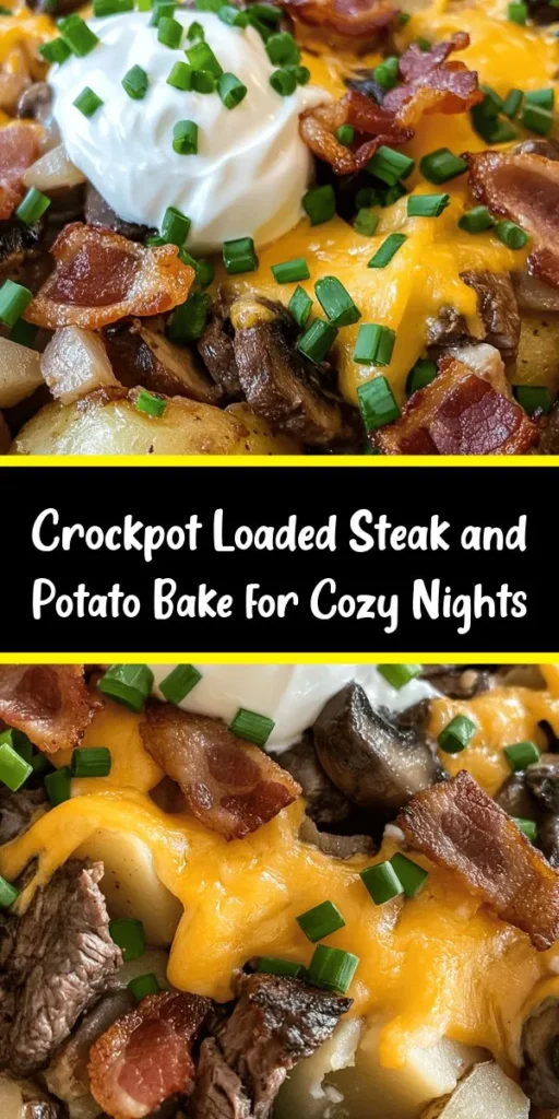 Indulge in the cozy goodness of our Crockpot Loaded Steak and Potato Bake! This simple yet satisfying recipe combines tender, flavorful steak with fluffy russet potatoes, aromatic onions, garlic, and savory bacon, all topped with melty cheese. Perfect for busy weeknights, set it and let your slow cooker work its magic while you unwind. It’s the ultimate heartwarming meal for family and friends. Try it tonight! #CrockpotRecipe #ComfortFood #SteakAndPotatoes #SlowCookerMeals #HomeCooking