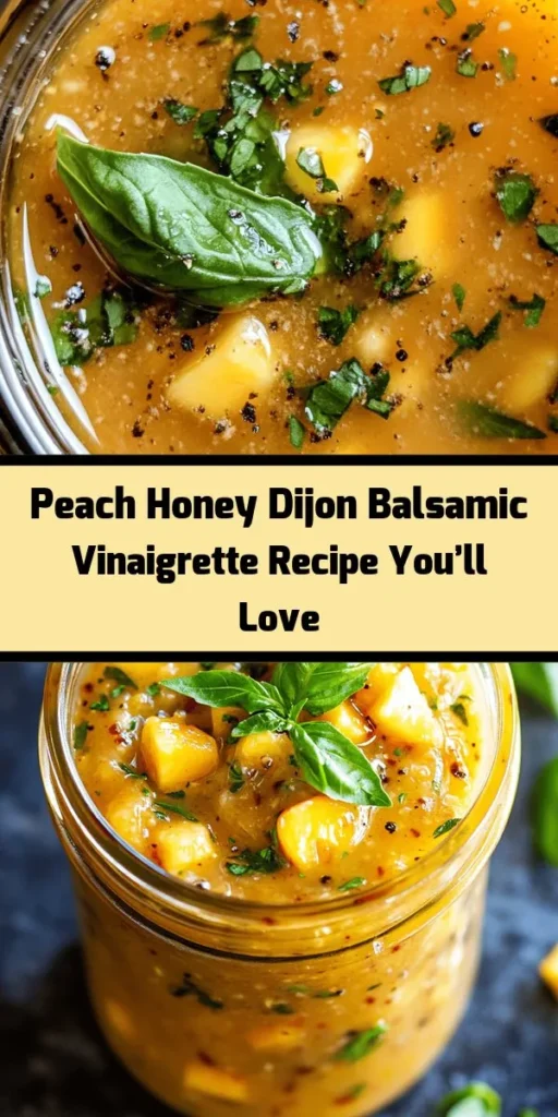Discover the vibrant flavors of Peach Honey Dijon Balsamic Vinaigrette! This homemade dressing combines ripe peaches, tangy Dijon mustard, and rich balsamic vinegar to elevate your salads, grilled meats, and veggies. Enjoy the burst of sweetness and freshness while benefiting from the nourishing ingredients. It's easy to make and a delightful addition to your culinary creations. Try it today for a gourmet twist on your meals! #Vinaigrette #HomemadeDressing #HealthyEating #CookingAtHome #PeachRecipes #SaladDressing