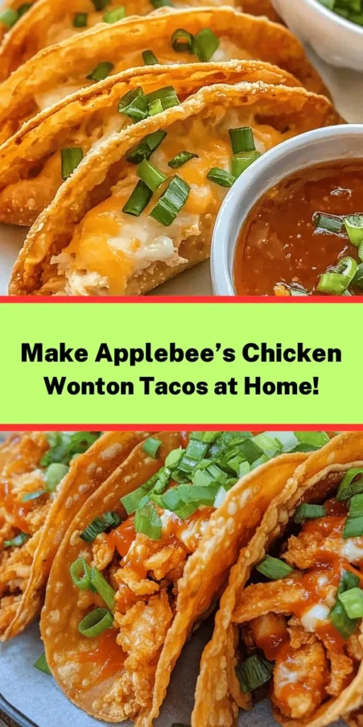 Recreate the deliciousness of Applebee's Chicken Wonton Tacos right at home with this easy-to-follow guide! Experience the perfect crunch of wonton shells filled with savory chicken, cheese, and a hint of sweetness. Impress your friends and family with this fun appetizer that's perfect for any gathering. Dive into this culinary adventure today! #ChickenWontonTacos #CrispyDelight #CopycatRecipes #Foodie #EasyRecipes #Yummy #Appetizers #ComfortFood #CookingAtHome