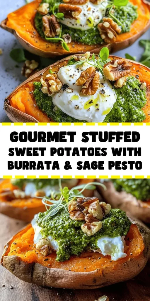 Bring gourmet dining to your table with Stuffed Sweet Potatoes featuring Burrata, Toasted Walnuts, and Sage Pesto! This vibrant dish combines the earthy sweetness of roasted sweet potatoes with creamy burrata, crunchy walnuts, and a fresh sage pesto for an unforgettable meal. Perfect for any occasion, it’s nutritious and visually stunning. Explore the recipe details and elevate your cooking experience today! #StuffedSweetPotatoes #GourmetRecipes #HealthyEating #VegetarianDelights #Foodie