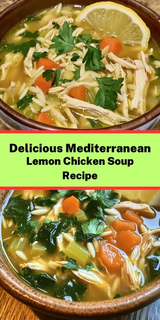 Looking for a light and comforting meal? Try Mediterranean Lemon Chicken Soup! This delightful dish combines tender chicken, vibrant veggies, and zesty lemon for a nourishing experience year-round. Packed with lean protein and wholesome ingredients, it's perfect for cozy dinners or when you're feeling under the weather. Dive into Mediterranean flavors that not only taste good but are also good for you! #MediterraneanDiet #HealthySoup #ComfortFood #LemonChickenSoup #HealthyEating #JoinTheJoyOfCooking