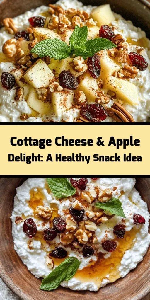 Discover a nutritious and delicious snack with Cottage Cheese & Apple Delight! This easy recipe combines creamy cottage cheese, fresh apples, and crunchy walnuts, making it a perfect healthy snack for any time of the day. With added benefits from dried cranberries or raisins and a hint of natural sweeteners, this treat is both satisfying and good for you. Perfect for meal prep too! Try it today! #HealthySnacks #CottageCheese #AppleDelight #Nutrition #EasyRecipes