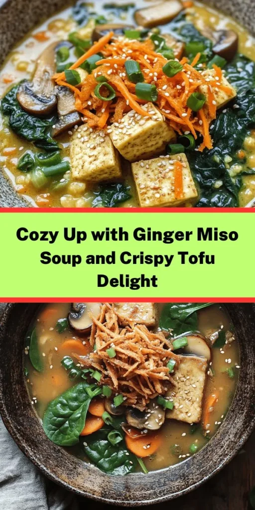 Warm your soul with this delicious Ginger Miso Brothy Soup topped with crispy shredded sesame tofu. Packed with umami flavors, wholesome veggies, and nourishing ingredients, this vegan soup is a perfect healthy meal option any day of the week. Discover the secrets to achieving that ideal crispy tofu and enjoy a bowl of comfort that’s as delightful as it is nutritious. Perfect for solo feasts or sharing with loved ones! #GingerMisoSoup #VeganRecipes #HealthyEating #ComfortFood #TofuRecipes #PlantBasedDelight