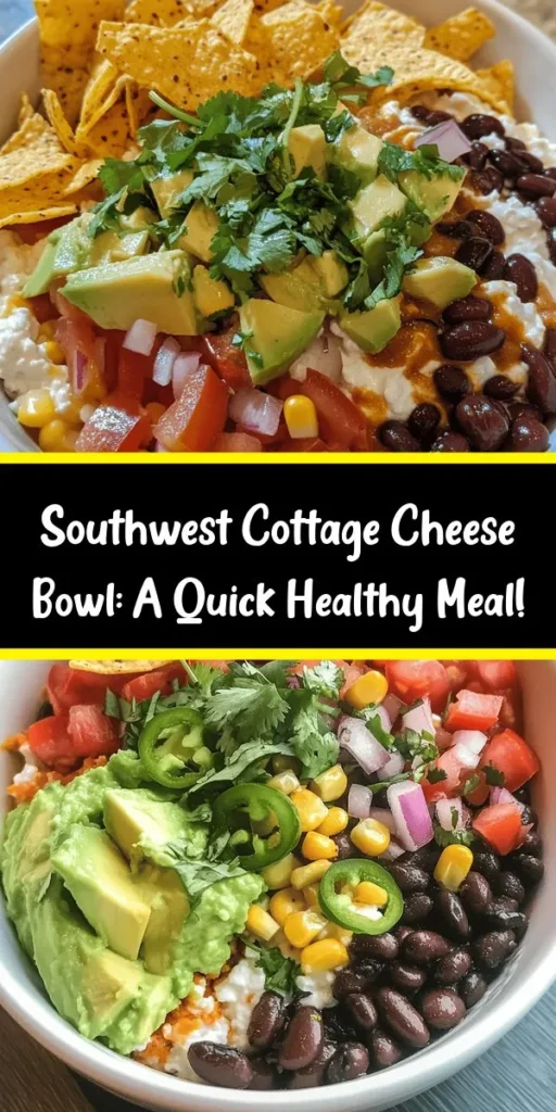 Try this delicious and nutritious Southwest Cottage Cheese Bowl for a satisfying meal that packs a protein punch! Combining creamy cottage cheese with vibrant vegetables like black beans, corn, avocado, and tomatoes, this bowl is as visually appealing as it is tasty. Perfect for meal prep or a quick lunch, customize it to fit your dietary preferences with endless variations. Healthy eating just got exciting! #CottageCheeseBowl #HealthyEating #MealPrep #SouthwestFlavors #NutritiousMeals #QuickRecipes