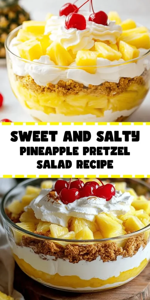 Discover the deliciousness of Pineapple Pretzel Salad, a perfect blend of sweet and salty flavors! This delightful dessert features a crunchy pretzel crust, creamy filling, and juicy pineapple bursts. It's a crowd favorite for potlucks and gatherings, adding a fun twist to your dessert table. Easy to make and visually appealing, it's sure to impress everyone. Try it today for a refreshing treat! #PineapplePretzelSalad #DessertRecipe #SweetAndSalty #PotluckTreat #Yummy