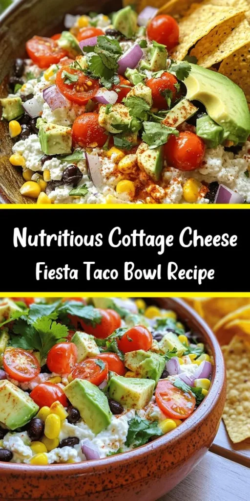 Get ready for a culinary fiesta with the Cottage Cheese Fiesta Taco Bowl! This vibrant dish combines creamy cottage cheese with fresh veggies and zesty spices, making it a nutritious and flavorful choice for any meal. Perfect for a light lunch or dinner, this taco bowl is easy to customize according to your tastes. Enjoy a delightful balance of textures and flavors while fueling your body with high protein and essential nutrients. Try this recipe and bring a burst of flavor to your table! #CottageCheese #TacoBowl #HealthyEating #MealPrep #RecipeInspiration #NutritiousMeals #Foodie #MexicanCuisine #EasyRecipes