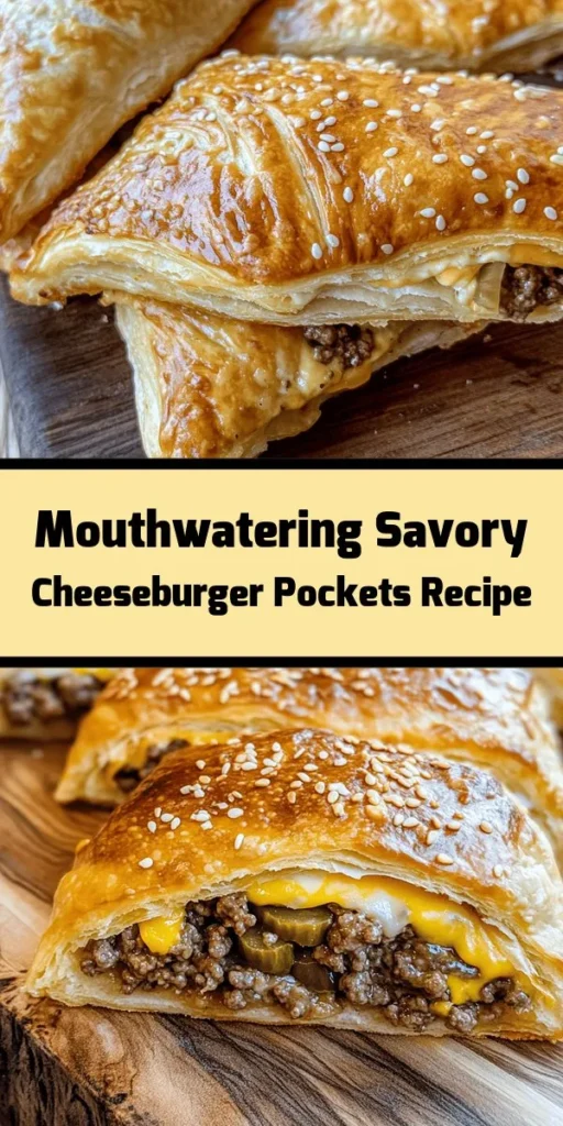 Savor the taste of classic cheeseburgers in a delightful, portable pocket! These savory cheeseburger pockets are perfect for family dinners, game day bites, or casual gatherings. Filled with seasoned ground beef, gooey cheese, and tangy pickles, all wrapped in flaky crescent dough, they offer a nostalgic comfort food experience. Customize your pockets to satisfy everyone's taste, and get ready for a delicious treat that will impress all your guests! #CheeseburgerPockets #ComfortFood #EasyRecipes #SnackIdeas #FamilyMeals