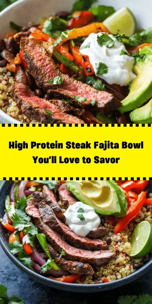 Discover the ultimate Sizzling High Protein Steak Fajita Bowl recipe that’s packed with flavor and nutrition. This vibrant dish combines marinated flank steak, quinoa, black beans, and colorful veggies, making it perfect for meal prep and satisfying your cravings. Customize it to your taste and enjoy a healthy, protein-rich meal that's as delicious as it is nourishing. Dive into this culinary delight today! #SteakFajitaBowl #HighProtein #HealthyEating #MealPrep #RecipeIdeas #Nutrition