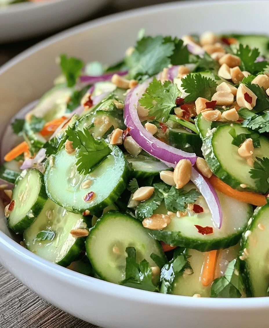 Thai cuisine is renowned for its vibrant flavors, aromatic herbs, and a perfect balance of sweet, sour, salty, and spicy elements. It’s a culinary tradition that dances on the palate and often emphasizes fresh ingredients, making it a beloved choice for food enthusiasts worldwide. Among the many delightful dishes that this cuisine offers, the <strong>Crunchy Thai Cucumber Delight</strong> stands out as a refreshingly crisp salad that is perfect for any occasion, whether it’s a summer picnic, a family gathering, or a festive dinner party.” /></p>
</p>
<h3>Marinating for Maximum Flavor</h3>
</p>
<p>Marinating is a crucial step in elevating the flavors of your Crunchy Thai Cucumber Delight. While cucumbers are inherently refreshing, the marination process allows the other ingredients—such as the soy sauce, lime juice, and sesame oil—to infuse that crispness with a delightful depth of flavor. Aim for a marinating time of at least 30 minutes to an hour; this will ensure that the cucumbers absorb the tangy and savory notes of the dressing, resulting in a more flavorful salad.</p>
</p>
<p>The key to effective marination lies in the balance of flavors. As the cucumbers soak up the marinade, they not only become tastier but also slightly tender, enhancing their crunchiness while still retaining a satisfying bite. Remember, the longer you let the ingredients mingle, the more pronounced their flavors will be. For the best results, consider marinating the salad in the fridge, which helps to keep the cucumbers crisp while allowing the flavors to develop.</p>
</p>
<h3>Serving Suggestions</h3>
</p>
<p>When it comes to serving your Crunchy Thai Cucumber Delight, presentation plays a significant role in the dining experience. Here are some creative ideas to make your salad visually appealing:</p>
</p>
<p>– <strong>Plating</strong>: Use a large, shallow bowl to showcase the vibrant colors of the salad. Arrange the cucumber slices in a circular pattern, and sprinkle the chopped peanuts and cilantro on top for a pop of color. A few lime wedges on the side can also enhance the aesthetic appeal.</p>
</p>
<p>– <strong>Garnishes</strong>: Finish the salad with a sprinkle of sesame seeds or a drizzle of additional sesame oil to add a touch of elegance. Fresh herbs like mint or basil can also serve as lively garnishes that complement the salad’s flavor profile.</p>
</p>
<h4>Pairing Options</h4>
</p>
<p>This salad is incredibly versatile and pairs well with a variety of dishes. Here are some ideas to consider:</p>
</p>
<p>– <strong>Main Dishes</strong>: Serve the Crunchy Thai Cucumber Delight alongside grilled chicken, shrimp, or tofu for a complete meal. The freshness of the salad balances beautifully with the savory flavors of grilled meats.</p>
</p>
<p>– <strong>Asian-Inspired Meals</strong>: This salad is a perfect side for dishes like Pad Thai, Thai green curry, or even a simple bowl of steamed jasmine rice. The lightness of the salad contrasts nicely with richer main courses, making it an ideal accompaniment.</p>
</p>
<p>– <strong>Occasions</strong>: The Crunchy Thai Cucumber Delight is perfect for summer picnics, barbecues, and potlucks. Its refreshing qualities make it a hit during warm months, while its simplicity allows for easy preparation, making it a great addition to any gathering.</p>
</p>
<h3>Nutritional Information</h3>
</p>
<p>Understanding the nutritional benefits of your Crunchy Thai Cucumber Delight can help you appreciate it even more. Here’s a general breakdown of what you can expect per serving:</p>
</p>
<p>– <strong>Calories</strong>: Approximately 120 calories</p>
<p>– <strong>Macronutrients</strong>:</p>
<p>– Carbohydrates: 10g</p>
<p>– Protein: 3g</p>
<p>– Fat: 8g</p>
<p>– <strong>Vitamins and Minerals</strong>: This dish is rich in vitamin C, vitamin K, and potassium, thanks to the cucumbers and herbs. The addition of peanuts provides healthy fats and protein, making this salad a nutritious option that fits well into a balanced diet.</p>
</p>
<p>Incorporating this salad into your meals can contribute to your overall health. The fresh vegetables and herbs are low in calories, yet high in nutrients, making them an excellent choice for those looking to maintain a healthy lifestyle without sacrificing flavor.</p>
</p>
<h3>Culinary Variations</h3>
</p>
<p>One of the great aspects of the Crunchy Thai Cucumber Delight is its adaptability. Here are some culinary variations to consider:</p>
</p>
<p>– <strong>Ingredient Swaps</strong>: If you’re looking to change things up, consider substituting the peanuts with cashews or almonds for a different nutty flavor. For a protein boost, add shredded chicken or cooked shrimp, which will enhance the salad’s heartiness.</p>
</p>
<p>– <strong>Spice it Up</strong>: If you enjoy a bit of heat, try adding sliced Thai bird chilies or a dash of chili flakes to the marinade. This will give the salad an exciting kick that complements the fresh flavors beautifully.</p>
</p>
<p>– <strong>Sweetness Adjustment</strong>: For those who prefer a sweeter profile, adding a teaspoon of honey or maple syrup to the dressing can balance the acidity of the lime juice and vinegar, providing a delightful contrast to the crunchy cucumbers.</p>
</p>
<h3>Cultural Significance of Cucumber Salads in Thai Cuisine</h3>
</p>
<p>Cucumber salads hold a special place in Thai cuisine, reflecting the culture’s love for fresh, vibrant flavors. Traditional Thai salads, known as “Yum,” often incorporate a variety of ingredients that emphasize balance, combining salty, sweet, sour, and spicy elements. These salads are often seen as a symbol of Thai dining, highlighting the importance of fresh produce and bold flavors in everyday meals.</p>
</p>
<p>The Crunchy Thai Cucumber Delight pays homage to these traditional values while being quick and easy to prepare. By incorporating ingredients like lime juice, fish sauce, and fresh herbs, this recipe captures the essence of Thai cuisine without overwhelming the cook. It’s a representation of how accessible Thai flavors can be, allowing anyone to enjoy a taste of Thailand in their own kitchen.</p>
</p>
<h3>Conclusion</h3>
</p>
<p>The Crunchy Thai Cucumber Delight is more than just a salad; it’s an experience that brings together fresh ingredients, bold flavors, and cultural significance. This versatile, healthy, and easy-to-make dish is perfect for any occasion, whether it’s a casual weeknight dinner or a festive gathering with friends and family.</p>
</p>
<p>Encourage your loved ones to try this recipe and experience the burst of flavors in every bite. With its refreshing crunch, delicious marinade, and flexibility to adapt to personal tastes, this salad is sure to become a favorite in your culinary repertoire. So gather your ingredients, marinate, and enjoy the delightful taste of this Thai-inspired dish that celebrates freshness and simplicity!</p>
<div id=