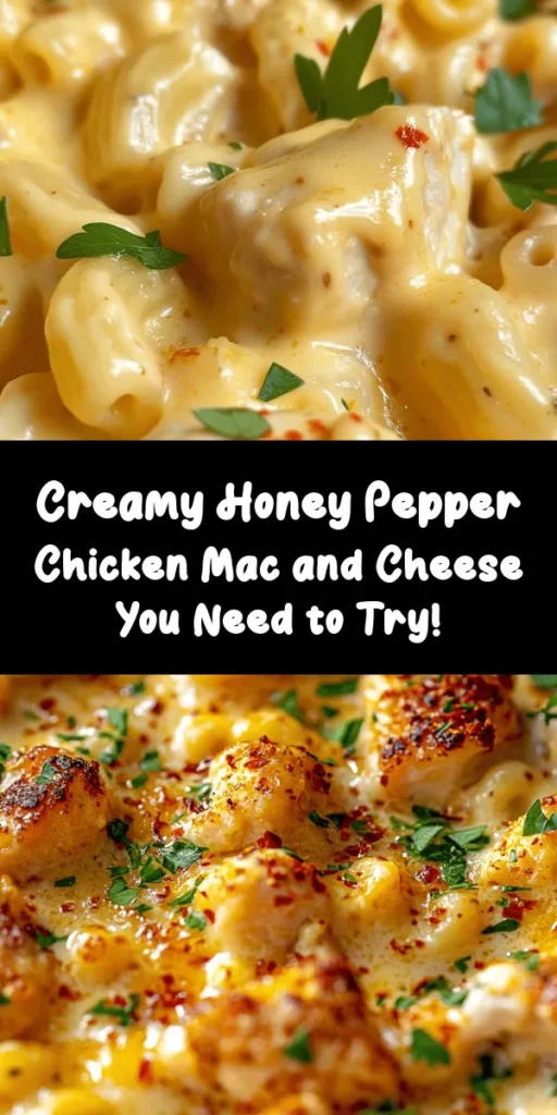 Elevate your comfort food game with this Creamy Honey Pepper Chicken Mac and Cheese Delight! This innovative dish fuses creamy cheese, tender chicken, and a unique blend of honey and spice for a flavorful experience. Perfect for family dinners or casual gatherings, it transforms a classic favorite into something extraordinary. Discover how to create this delicious meal that will impress everyone at the table. #MacAndCheese #ComfortFood #Recipe #Delicious #Foodie #Pasta #Cooking #DinnerIdeas