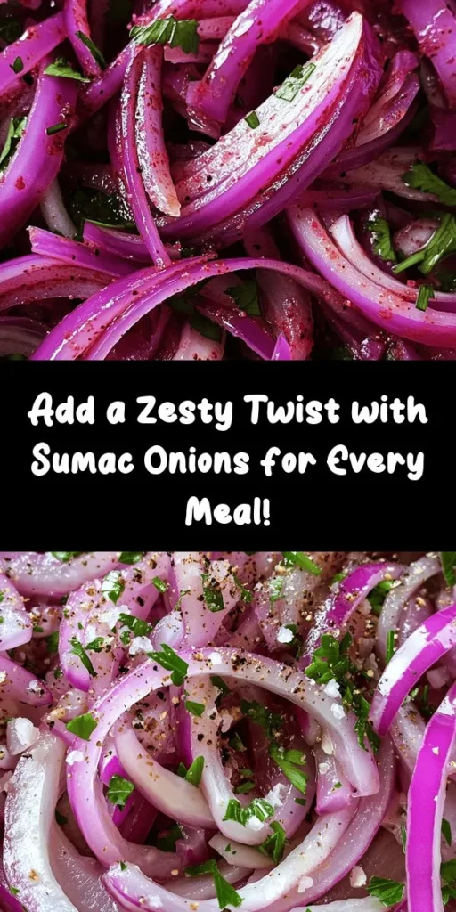 Discover the vibrant world of zesty sumac onions, a flavorful condiment that can elevate any meal! Made with thinly sliced red onions marinated in sumac, olive oil, and vinegar, this tangy dish adds a refreshing twist to grilled meats, salads, and wraps. Packed with antioxidants and health benefits, zesty sumac onions are not only delicious but also nutritious. Try this easy recipe to enhance your culinary creations! #ZestySumacOnions #HealthyEating #FlavorfulCondiment #MiddleEasternCuisine #Foodie #CookingAtHome