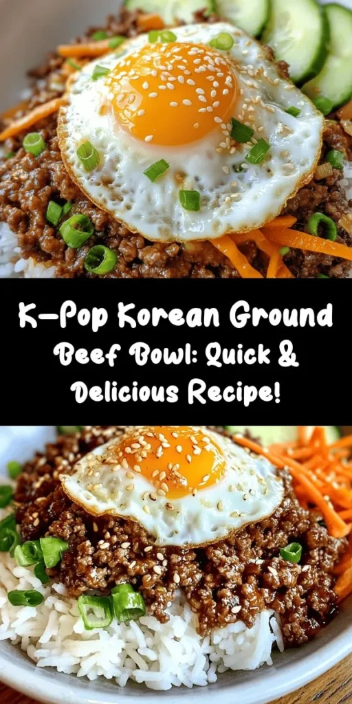 Discover the deliciousness of the K-Pop Korean Ground Beef Bowl! This easy recipe combines savory ground beef, fresh veggies, and aromatic spices for a quick meal that bursts with flavor. Perfect for busy weeknights and customizable to your taste, it’s a delightful way to explore Korean cuisine. Whether you like it spicy or sweet, this bowl is sure to satisfy! Try it today! #KoreanCuisine #EasyRecipes #GroundBeefBowl #KPopFood #HomeCooking #HealthyEating