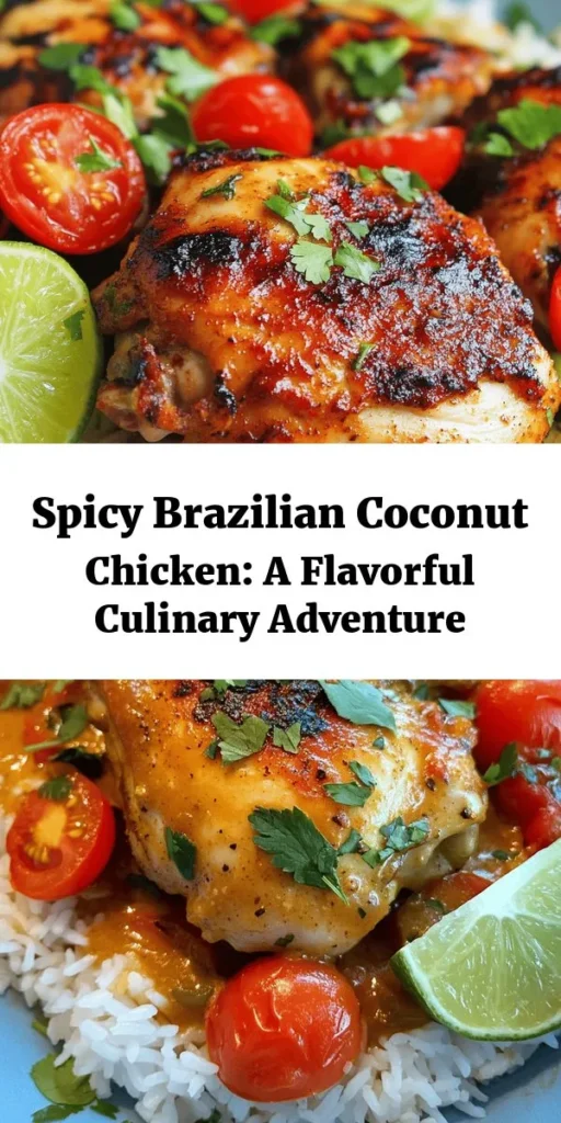 Discover the vibrant flavors of Brazil with this Spicy Brazilian Coconut Chicken recipe! Juicy chicken thighs simmered in a creamy coconut milk sauce, balanced with garlic, ginger, and a kick of sriracha, create an unforgettable meal. Perfect for family gatherings or a cozy weeknight dinner, this dish combines bold spices with fresh vegetables for an amazing experience. Try it and bring a taste of Brazil to your kitchen! #BrazilianCuisine #CoconutChicken #SpicyRecipes #ComfortFood #DinnerInspiration #FoodieDelight
