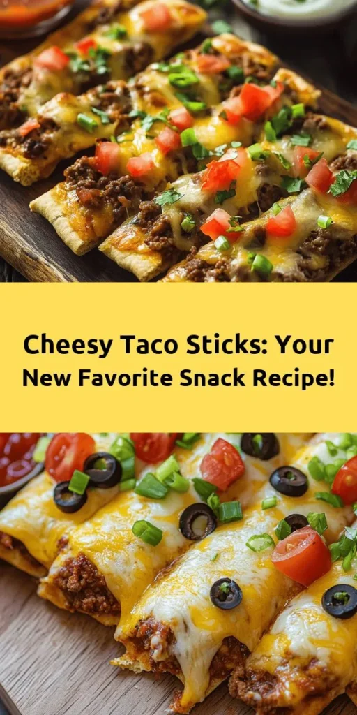 Looking for a fun twist on taco night? Try these Cheesy Taco Sticks! Combining seasoned meat, gooey cheddar and mozzarella, all wrapped in a crispy crust, they make the perfect snack or meal for any occasion. They're easy to prepare and customizable to suit your tastes. Serve with salsa or guacamole for a deliciously satisfying treat your family and friends will love! #CheesyTacoSticks #TacoNight #Snacks #ComfortFood #RecipeIdeas #EasyRecipes