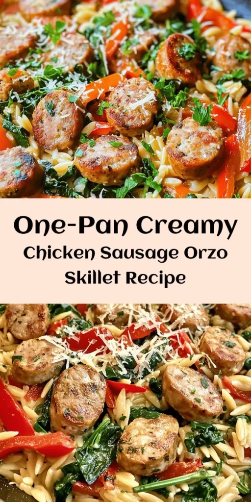 Looking for a comforting one-pan meal that delivers on flavor? Try this Creamy Chicken Sausage Orzo Skillet! Packed with juicy chicken sausage, tender orzo, and vibrant veggies, this recipe is perfect for busy weeknights or meal prep. The luscious cream sauce and savory seasonings make it a hit for the whole family. Easy to prepare, it's sure to become a new favorite! #OnePanMeal #DinnerIdeas #ComfortFood #OrzoSkillet #ChickenSausage #EasyRecipes