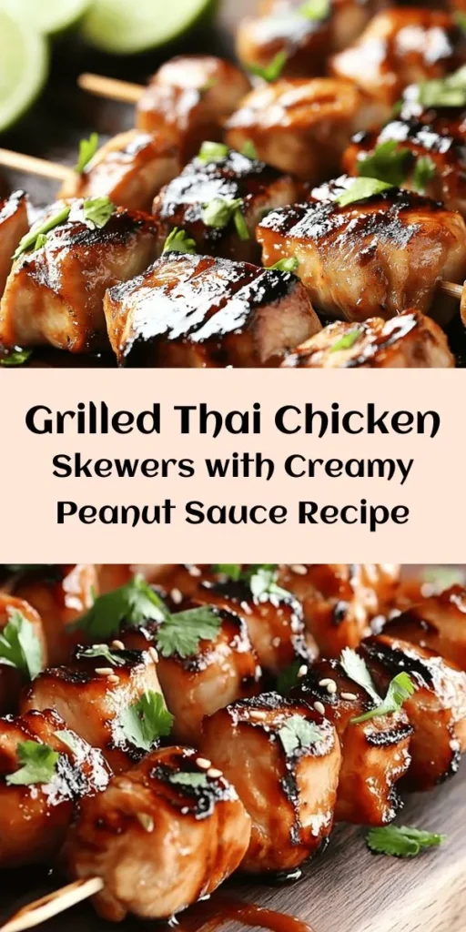 Indulge in the vibrant flavors of Thailand with these Easy Grilled Thai Chicken Skewers paired with a creamy peanut sauce! Perfect for barbecues or weeknight dinners, they feature marinated chicken thighs grilled to juicy perfection. The balance of sweet, salty, sour, and spicy flavors will have everyone coming back for seconds. With minimal ingredients and simple preparation, this dish brings a touch of Thai cuisine to your table. #ThaiFood #GrilledChicken #PeanutSauce #DinnerIdeas #Foodie