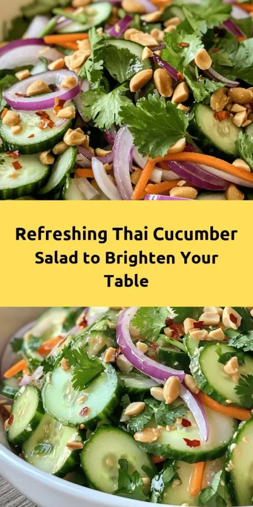 Discover the refreshing Crunchy Thai Cucumber Delight, a vibrant salad perfect for any occasion. This dish combines crisp cucumbers, colorful veggies, and a zesty dressing that packs a flavor punch while being health-conscious. With minimal prep required, it's an ideal choice for vegans and anyone looking for a light meal. Experience the perfect balance of sweet, sour, and nutty notes with every bite. Try this deliciously simple recipe today! #ThaiCuisine #HealthyEating #SaladRecipe #CrunchyCucumber #FoodieDelight #FreshIngridients
