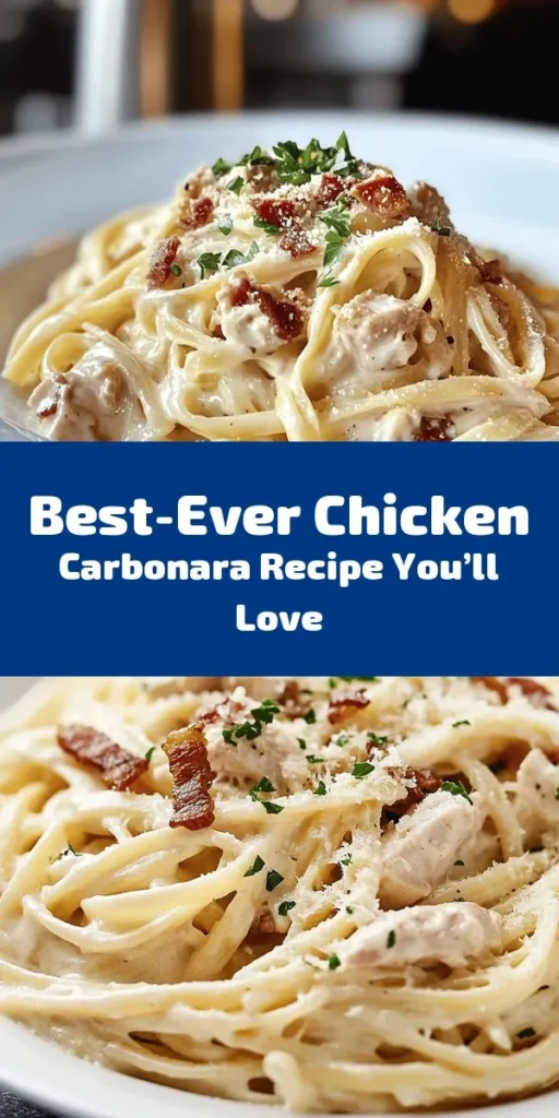 Discover the ultimate comfort food with this Best-Ever Chicken Carbonara! This creamy pasta dish features tender chicken, thick-cut bacon, and a rich, velvety sauce made from eggs, cheese, and a hint of garlic. Perfect for family dinners or special gatherings, this recipe combines traditional Italian roots with a modern twist. Ready to impress? Follow the step-by-step guide and enjoy a delightful meal that everyone will love! #ChickenCarbonara #PastaRecipes #ItalianCuisine #ComfortFood #CookingAtHome