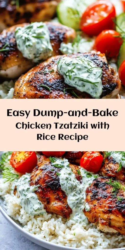 Discover the ease and deliciousness of Dump-and-Bake Chicken Tzatziki with Rice! This one-dish meal combines tender chicken thighs and flavorful basmati rice, all smothered in a creamy tzatziki sauce made from Greek yogurt, garlic, and fresh herbs. Perfect for busy weeknights, this Mediterranean-inspired recipe is packed with protein, vitamins, and taste. Enjoy it with fresh veggies or a Greek salad for the ultimate meal experience! #ChickenTzatziki #OneDishMeal #EasyRecipes #MediterraneanCooking #HealthyEating #DumpAndBake #QuickDinner