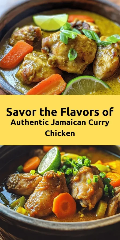 Discover the vibrant flavors of Jamaican cuisine with this Authentic Jamaican Curry Chicken recipe! This dish combines traditional spices, fresh ingredients, and rich cultural heritage, making it a family favorite. Learn how to marinate chicken, balance bold flavors, and create a creamy sauce infused with Scotch bonnet peppers. Serve it with rice and peas for the perfect meal. Dive into the flavors of Jamaica today! #JamaicanCurry #AuthenticRecipe #CulinaryTradition #CookingJoy #Foodie #Yummy