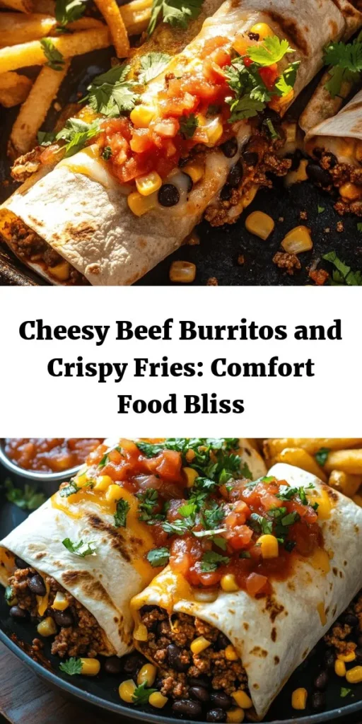 Indulge in the ultimate comfort food with cheesy beef burritos served alongside crispy fries! This delicious meal combines warm tortillas filled with flavorful beef, black beans, and melty cheddar cheese, perfectly balanced with crunchy fries. Customize your burritos to suit your taste with a variety of fillings and spices. Ideal for family dinners or cozy nights in, this comforting dish is sure to impress! #Burritos #ComfortFood #CrispyFries #RecipeIdeas #Foodie
