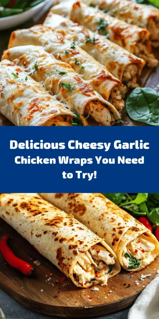 Discover the mouthwatering delight of Cheesy Garlic Chicken Wraps! This quick and easy recipe combines tender chicken with creamy mozzarella and tangy cream cheese, infused with garlic and fresh spinach for a flavorful twist. Perfect for lunches, dinners, or snacks, these wraps are nutritious and customizable to fit any dietary preference. Try them today for a delicious meal that your family and friends will love! #CheesyGarlicChickenWraps #HealthyRecipes #EasyMeals #Wraps #CookingIdeas