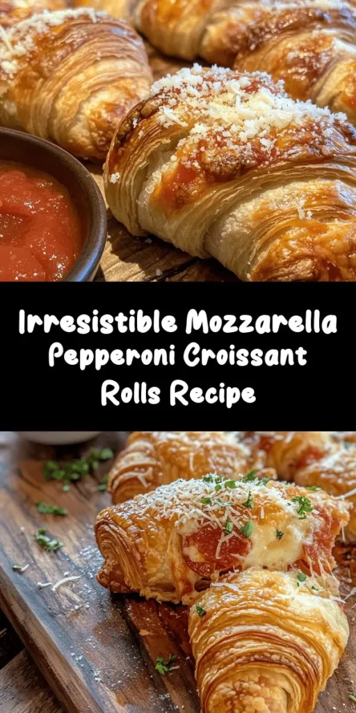 Looking for a crowd-pleasing snack? Try these Mozzarella Pepperoni Croissant Rolls! Combining flaky crescent dough with gooey mozzarella and zesty pepperoni, they are easy to make and perfect for any occasion—movie night, parties, or just a tasty bite. With a simple recipe and minimal ingredients, you'll impress family and friends in no time. Don't forget to pair them with marinara sauce for dipping! #snackrecipes #easymeals #appetizers #croissantrolls #homemadefood