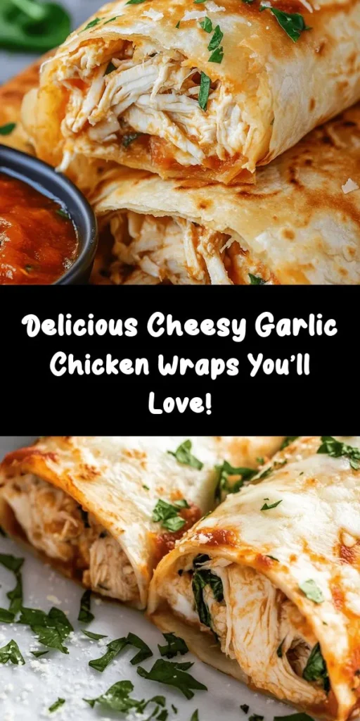 Looking for a quick and satisfying meal? Try these Cheesy Garlic Chicken Wraps! Packed with tender chicken, gooey mozzarella, and rich cream cheese, all wrapped in a soft tortilla, these wraps are perfect for busy weeknights or gatherings. Customize with veggies like spinach for added nutrition. Simple to prepare and utterly delicious, they’re a guaranteed crowd-pleaser! #CheesyGarlicChickenWraps #QuickMeals #ComfortFood #HealthyEating #FamilyDinner #RecipeIdeas