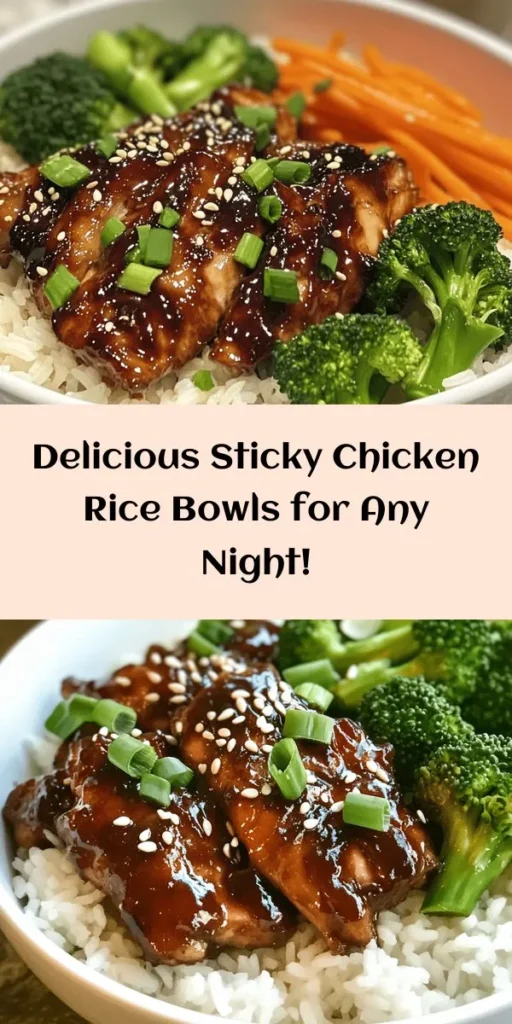 Discover the joy of cooking with Sticky Chicken Rice Bowls—an easy, flavorful meal perfect for busy weeknights or entertaining guests! This dish combines juicy chicken, fluffy jasmine rice, and colorful veggies, all coated in a delicious sticky sauce made from soy sauce and honey. It's nutritious, customizable, and sure to please everyone in the family. Explore this comforting recipe that brings everyone together! #StickyChicken #RiceBowls #FamilyDinner #EasyRecipes #ComfortFood #HealthyEating #MealPrep