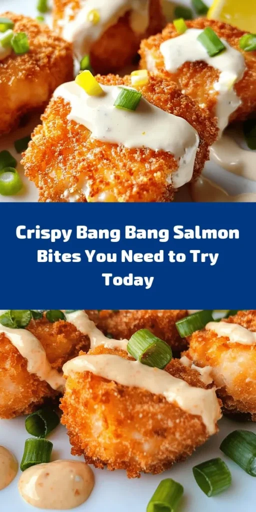 Discover the ultimate appetizer with these Crispy Bang Bang Salmon Bites! This delicious recipe features succulent salmon coated in crunchy panko breadcrumbs, perfectly paired with a spicy, creamy Bang Bang sauce. Easy to make, they're an ideal choice for weeknight dinners or entertaining guests. Packed with flavor and health benefits, these bites are sure to impress everyone at your table. Try them today! #SalmonBites #BangBangSauce #HealthyEats #AppetizerIdeas #QuickRecipes #SeafoodLovers