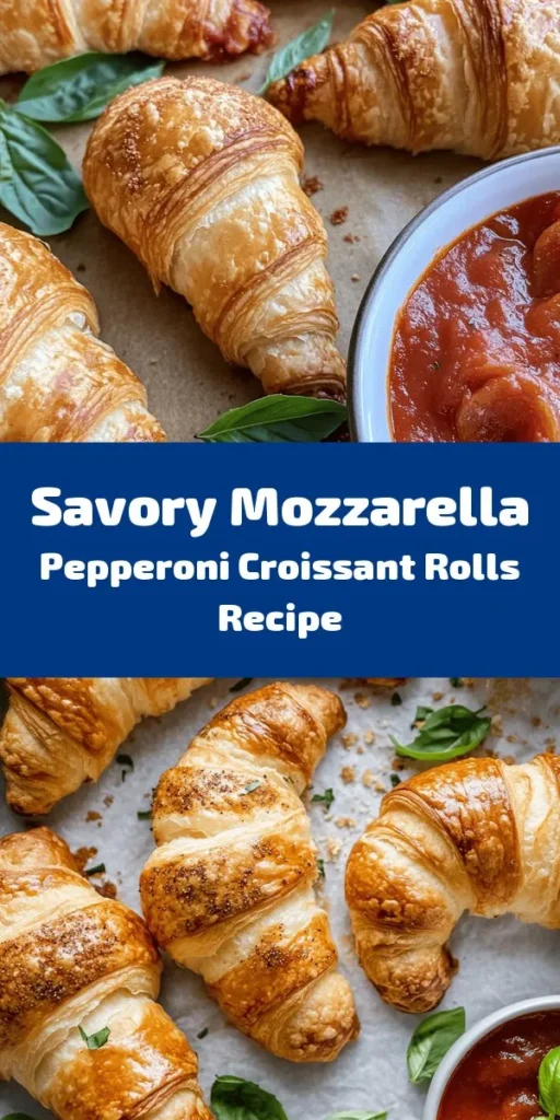 Savor the delicious blend of flavors with these Mozzarella Pepperoni Croissant Rolls. Made with flaky croissant dough, gooey mozzarella, and zesty pepperoni, these rolls are perfect for any occasion—game day, parties, or cozy family dinners. Easy to make and packed with flavor, they are a crowd-pleaser for both kids and adults. Serve with marinara for dipping and get ready for compliments! #CroissantRolls #Appetizers #EasyRecipes #ComfortFood #GameDaySnacks #MozzarellaPepperoni
