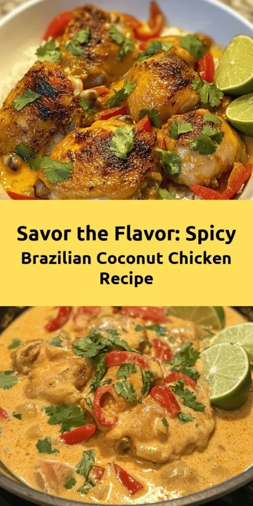 Discover the rich flavors of Brazilian cuisine with this delicious Spicy Brazilian Coconut Chicken recipe! Combining tender chicken thighs, creamy coconut milk, and a blend of aromatic spices, this dish is sure to impress. Perfect for a cozy dinner or a gathering, it's both comforting and exciting to the palate. Follow the simple steps to create an authentic taste of Brazil right at home. #BrazilianCuisine #CoconutChicken #SpicyRecipes #HomeCooking #DeliciousDinners #Foodie