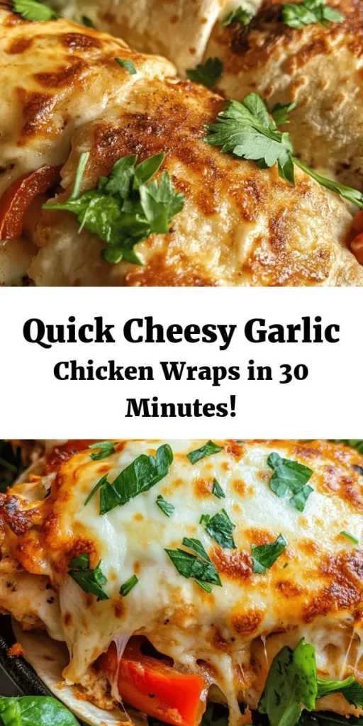 Make mealtime a breeze with these Cheesy Garlic Chicken Wraps! In just 30 minutes, you can create a delicious meal that combines tender shredded chicken, creamy cheeses, and aromatic garlic, all wrapped in a soft tortilla. Perfect for quick lunches, satisfying dinners, or game day snacks! Discover tips for customizing your wraps with fresh ingredients and spices, making them a hit for everyone. Try this flavor-packed recipe today! #ChickenWraps #QuickRecipe #CheesyGarlic #EasyMeals #Foodie
