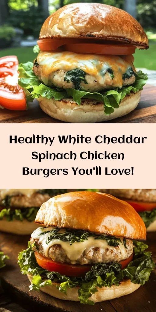 Discover a delicious twist on burgers with these White Cheddar and Spinach Chicken Burgers! Made with lean ground chicken, fresh spinach, and creamy white cheddar, this recipe offers a healthy alternative to traditional beef burgers without sacrificing flavor. Perfect for anyone looking to enjoy a nutritious meal, these burgers are packed with protein, vitamins, and mouthwatering taste. Try them today and elevate your burger night! #HealthyEating #ChickenBurgers #RecipeIdeas #Foodie #CookingAtHome #HealthyRecipes #Spinach #Cheddar