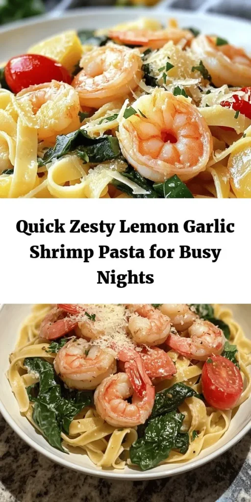 Discover the perfect quick meal with Zesty Lemon Garlic Shrimp Pasta! This delightful dish celebrates fresh ingredients and vibrant flavors, making it ideal for busy weeknights. Enjoy succulent shrimp tossed in a tangy lemon-garlic sauce, paired with pasta, spinach, and tomatoes for visual appeal and balanced nutrition. Ready in no time, it's sure to impress family and friends. Try it for an easy yet elegant dinner tonight! #ShrimpPasta #QuickMeals #HealthyRecipes #DinnerIdeas #EasyCooking