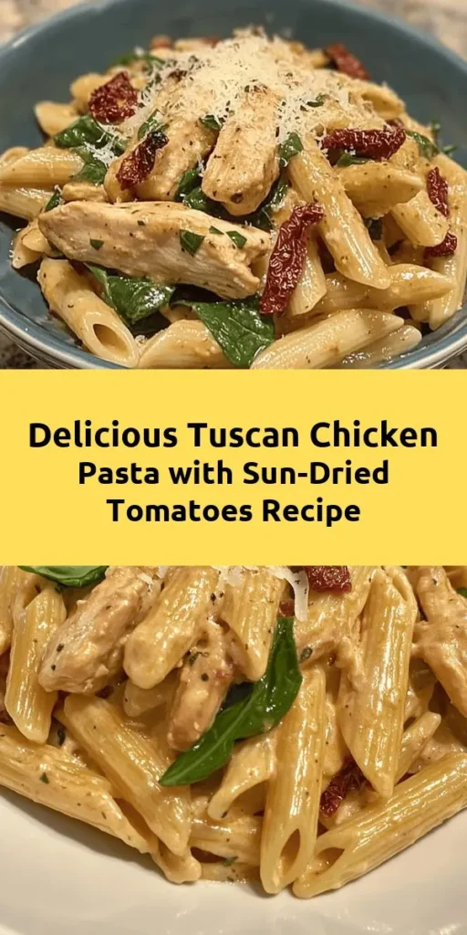 Experience the flavors of Tuscany at home with this easy and delicious Tuscan Chicken Pasta with Sun-Dried Tomatoes! This creamy, comforting dish combines juicy chicken, al dente penne pasta, and vibrant sun-dried tomatoes for a satisfying meal in just 30 minutes. Packed with fresh spinach and rich Parmesan, it’s perfect for busy weeknights or special dinners. Try this recipe and bring a taste of Italy to your table tonight! #TuscanChickenPasta #ItalianCuisine #WeeknightDinner #PastaLovers #ComfortFood
