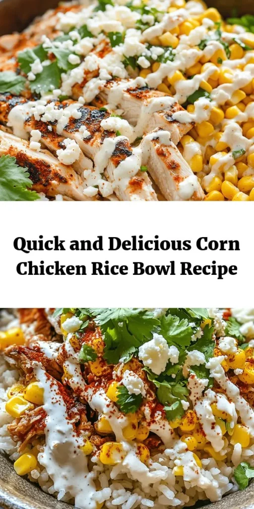 Discover the Easy Street Corn Chicken Rice Bowl, a delicious meal that combines tender chicken, sweet corn, and creamy dressing—all ready in just 10 minutes! Perfect for busy weeknights or family gatherings, this bowl is packed with flavors and can be customized to fit any dietary needs. Enjoy a satisfying dish with cooked rice, a hint of lime, and optional feta for an upscale touch. Try it today! #EasyRecipes #HealthyEating #MealPrep #QuickDinner #ChickenRecipes #Foodie