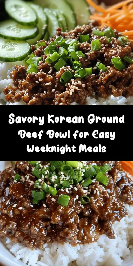 Experience the vibrant flavors of Korean cuisine with this easy and delicious savory Korean ground beef bowl! Perfect for busy weeknights, this dish combines seasoned ground beef, fluffy rice, and fresh vegetables, all topped with a nutty sesame oil drizzle. It's customizable for various dietary needs, making it a versatile meal option. Discover how to create this comforting bowl and elevate your dinner game tonight! #KoreanCuisine #GroundBeefBowl #EasyDinner #MealPrep #HealthyRecipes