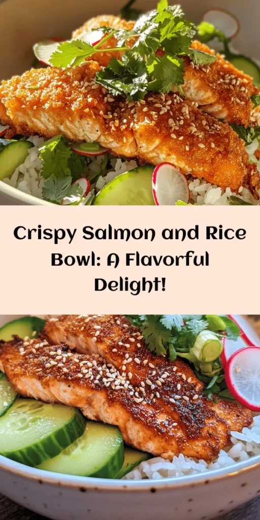 Elevate your mealtime with this Crispy Salmon and Rice Bowl recipe! Enjoy the delightful crunch of perfectly cooked salmon on a fluffy bed of jasmine or sushi rice, topped with vibrant, fresh vegetables. This dish not only satisfies with its rich flavors but also offers health benefits thanks to omega-3 fatty acids and a variety of vitamins. Perfect for any occasion, customize it with your favorite sauces for a personalized touch! #SalmonBowl #HealthyRecipes #CookingAtHome #HomeCooked #Foodie #DeliciousMeals