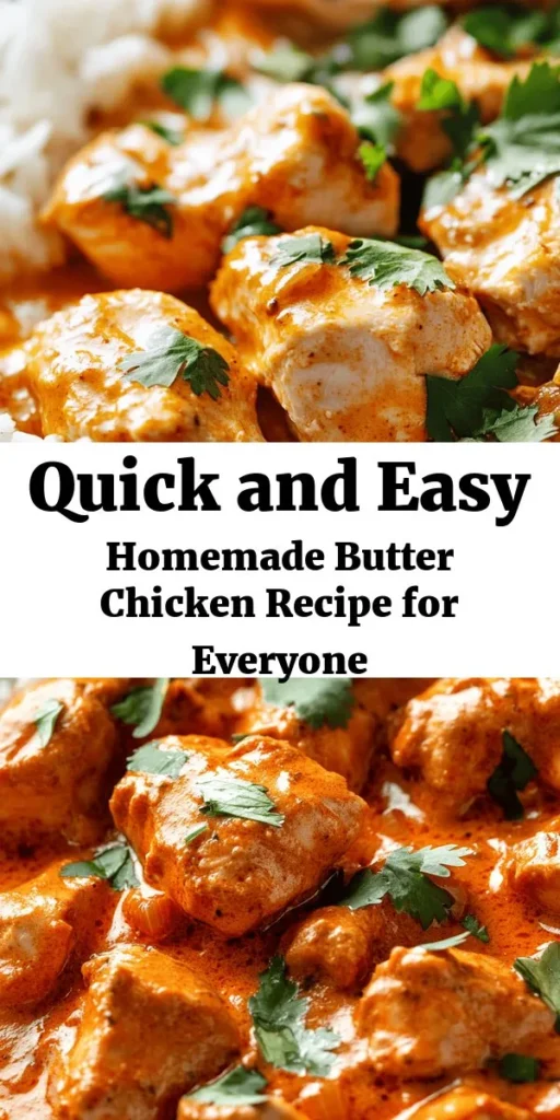 Discover the joy of making Quick & Easy Homemade Butter Chicken, a delightful dish that brings the rich flavors of Indian cuisine to your kitchen. This simple recipe features tender chicken simmered in a creamy tomato sauce, perfect for busy weeknights. With basic ingredients like yogurt, spices, and heavy cream, you can enjoy an authentic taste without the long prep time. Pair it with basmati rice or naan for a complete meal! #ButterChicken #IndianCuisine #HomeCooking #EasyRecipes #Foodie #Yummy #ComfortFood #QuickMeals