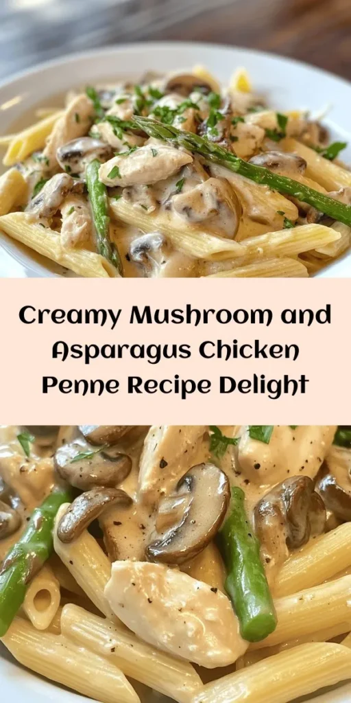 Embark on a flavorful culinary journey with Creamy Mushroom and Asparagus Chicken Penne! This delightful dish brings together tender chicken, fresh asparagus, and earthy mushrooms in a rich cream sauce, all over al dente penne pasta. Perfect for weeknight dinners or special occasions, it's both comforting and nutritious. Packed with vitamins and protein, this recipe is a satisfying meal that you and your loved ones will adore. #PastaRecipes #ComfortFood #HealthyEating #DinnerIdeas #CulinaryAdventure #CreamyPasta