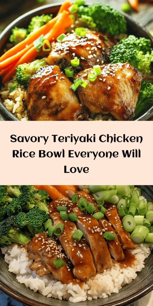Indulge in the deliciousness of a Savory Teriyaki Chicken Rice Bowl! This recipe features tender chicken thighs glazed in a homemade teriyaki sauce, served over fluffy jasmine rice and vibrant veggies. Perfect for a quick, nutritious meal that the whole family will love. Easy to follow and customizable, it’s a great way to enjoy a taste of Japanese cuisine at home. Try it for your next dinner! #TeriyakiChicken #RiceBowl #HealthyEats #QuickMeals #FamilyDinner #JapaneseCuisine