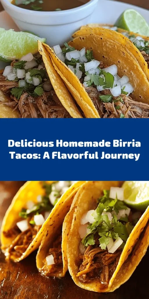Discover the rich culinary world of Birria Tacos with this ultimate guide! Learn about the history, cultural significance, and step-by-step recipe to create mouthwatering tacos that are perfect for any occasion. With slow-cooked beef, aromatic spices, and a delightful dipping broth, these tacos bring the flavors of Mexico to your kitchen. Join the birria craze today! #BirriaTacos #MexicanFood #TacoRecipe #Foodie #CulinaryJourney #FoodLovers #HomeCooking